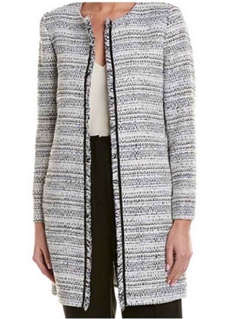 NWT!! Tahari Black Trim Grey & White Bouclé Long Jacket